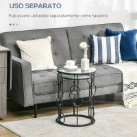 Set di 2 Tavolini da Caffè Impilabili in Metallo e Vetro Temperato Ø41x57cm e Ø36x51cm, Nero