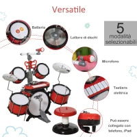 Set Batteria per Bambini con Strumenti Musicali, Batteria Jazz con 5 Tamburi e Sgabello, Giocattolo Musicale Educativo per Bambini, Effetti Sonori e Microfono Giocattolo, 77.5x40x76.5cm, Rosso