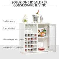 Mobiletto Portabottiglie Vini con Porta Calici e Armadietto, Capacità 20 Bottiglie, 80x36x85 cm, Bianco