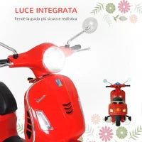 Moto Elettrica per Bambini Design Vespa, Batteria 6V con Suoni e Luci, Età 3-6 Anni, Rosso