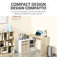 Scrivania Angolare, Scrivania ad Angolo per Computer da Camera o Ufficio, Scrivania Salvaspazio in Legno, Rovere e Bianco