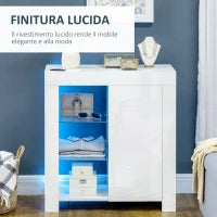 Mobiletto da Salotto Bianco in Truciolato e Metallo con Luci LED Blu, 3 Ripiani Aperti e Armadietto, 75x35x82 cm
