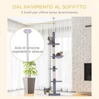 Albero Tiragraffi a 4 Livelli ad Altezza Regolabile, in Truciolato, Peluche e Sisal, 40x34x230-260 cm, Grigio