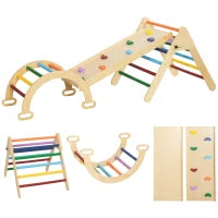 Gioco Arrampicata Bambini con Triangolo e Arco Montessori e Rampa con Pietre in Legno di Pino, 178x64.5x63 cm