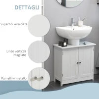 Mobile Sottolavabo per Bagno con Ripiano Regolabile, Mobiletto Sottolavabo con Intaglio a U e 2 Ante, Mobile Bagno Salvaspazio, Adatto a Lavabi con o Senza Colonna, 60x30x60 cm, Bianco