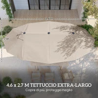 Ombrellone da Giardino Doppio 460x270cm, Ombrellone da Esterno con Apertura a Manovella, Base a Croce e Zavorra, Acciaio e Poliestere Khaki