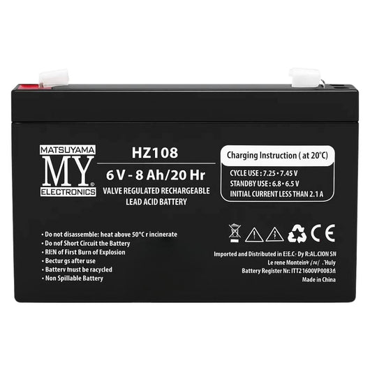 Batteria piombo 6v 8ah agm matsuyama hz108 sigillata faston 4.8mm
