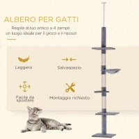 Albero Tiragraffi a 4 Livelli ad Altezza Regolabile, in Truciolato, Peluche e Sisal, 40x34x230-260 cm, Grigio
