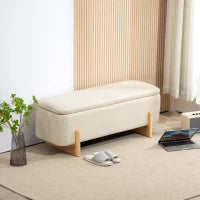 Pouf con Spazio di Archiviazione, Panca con Imbottitura in Schiuma, Effetto Lino, 111 x 44 x 44.5 cm, Beige