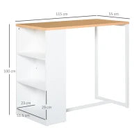 Tavolo Alto da Cucina e Bar con 3 Mensole, Struttura in Acciaio e MDF, Stile Moderno, Bianco, 115x55x100cm