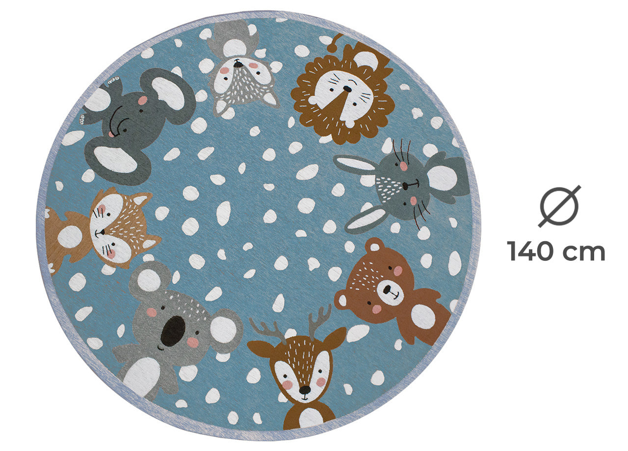 Tappeto Arredo e Gioco Antiscivolo Per Cameretta Bambini Disegno Animalii - Rotondo 140 - Azzurro Topazio