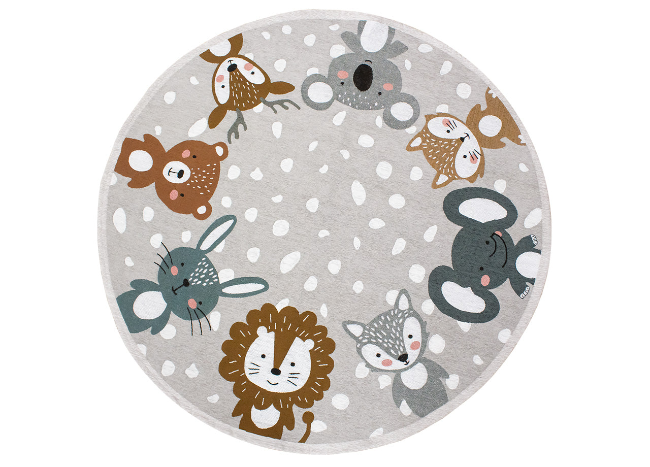 Tappeto Arredo e Gioco Antiscivolo Per Cameretta Bambini Disegno Animalii - Rotondo 140 - Grigio Perla
