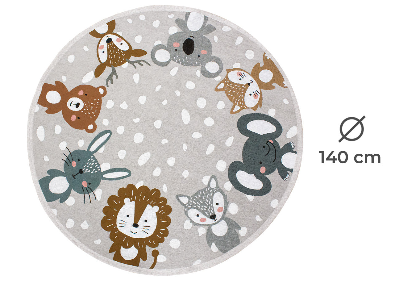 Tappeto Arredo e Gioco Antiscivolo Per Cameretta Bambini Disegno Animalii - Rotondo 140 - Grigio Perla