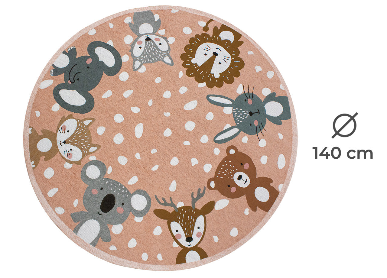 Tappeto Arredo e Gioco Antiscivolo Per Cameretta Bambini Disegno Animalii - Rotondo 140 - Rosa Antico