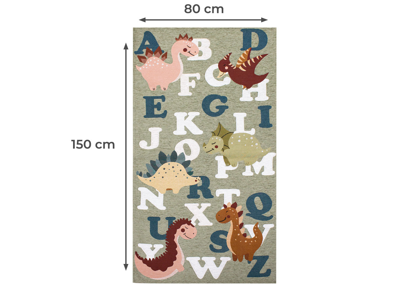 Tappeto Arredo e Gioco Antiscivolo Per Cameretta Bambini Disegno Dinosauri - 80x150 - Verde Cenere