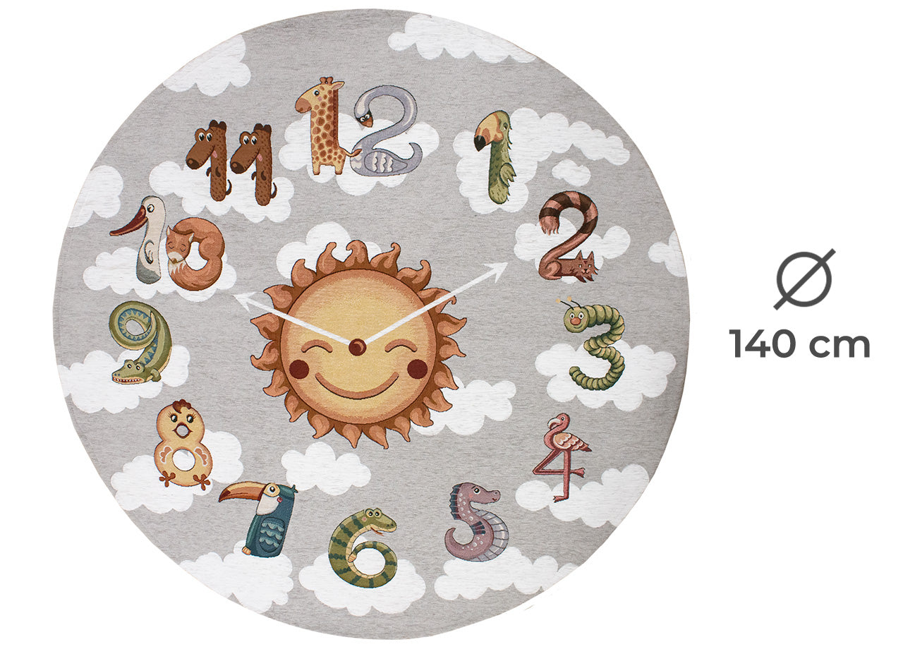 Tappeto Arredo e Gioco Antiscivolo Per Cameretta Bambini Disegno Orologio - Rotondo 140 - Grigio Perla