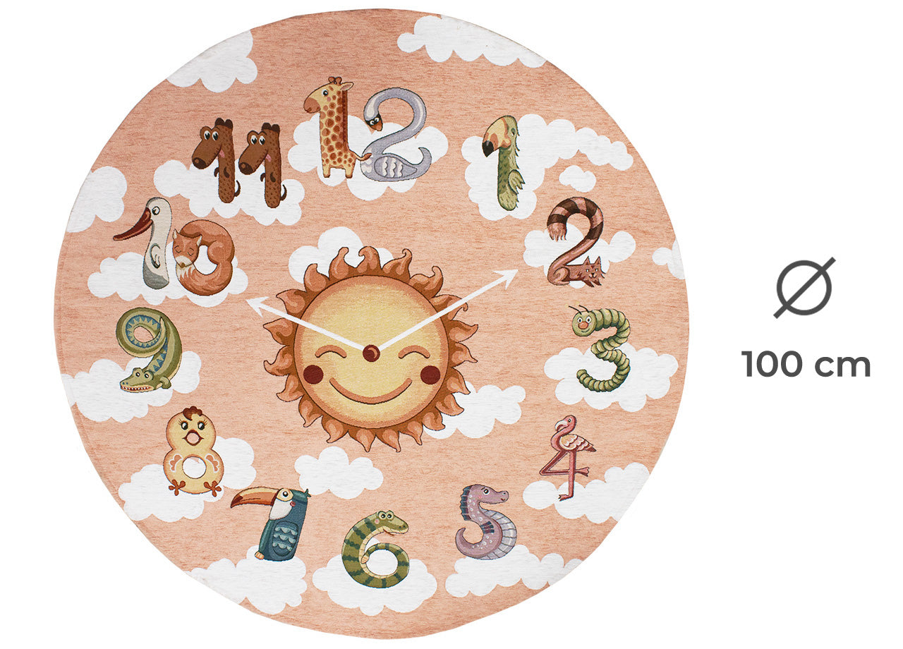 Tappeto Arredo e Gioco Antiscivolo Per Cameretta Bambini Disegno Orologio - Rotondo 100 - Rosa Antico