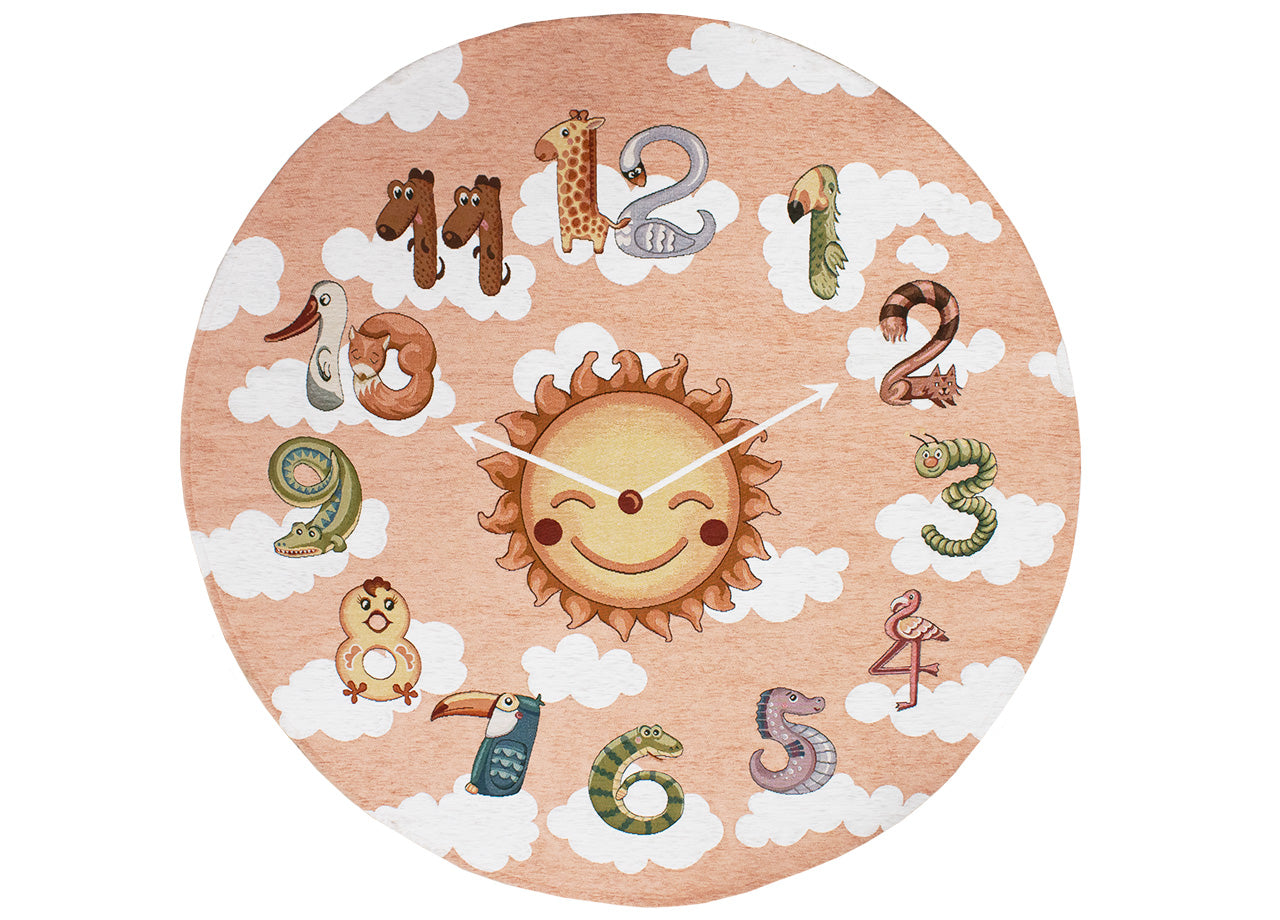 Tappeto Arredo e Gioco Antiscivolo Per Cameretta Bambini Disegno Orologio - Rotondo 100 - Rosa Antico
