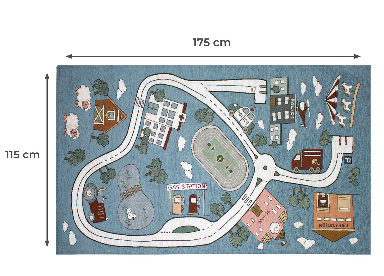 Tappeto Arredo e Gioco Antiscivolo Per Cameretta Bambini Disegno Pista - 115x175 - Azzurro Topazio