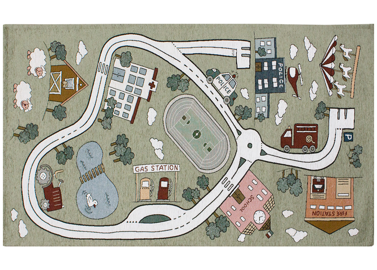 Tappeto Arredo e Gioco Antiscivolo Per Cameretta Bambini Disegno Pista - 80x150 - Verde Cenere