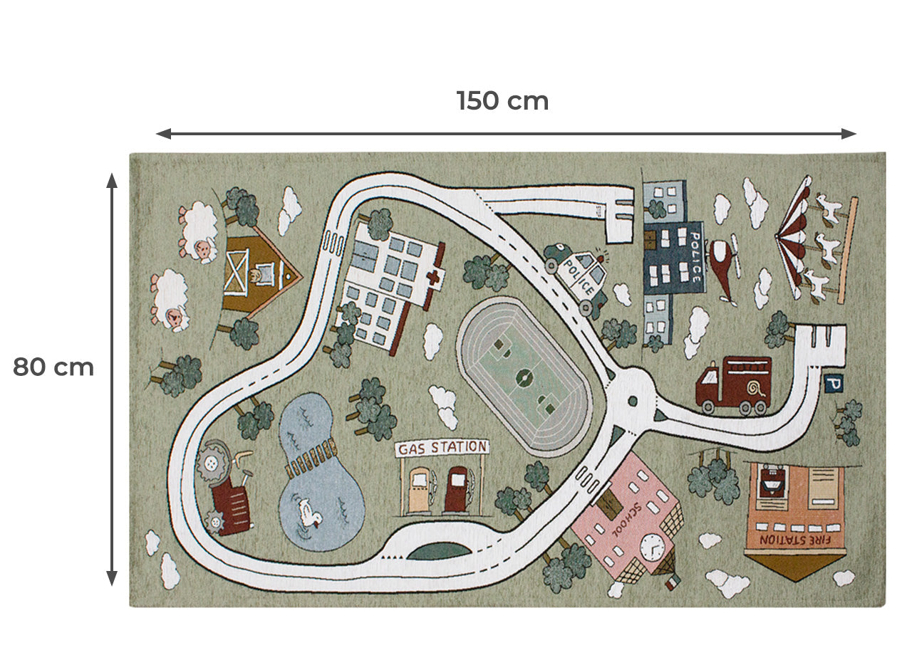 Tappeto Arredo e Gioco Antiscivolo Per Cameretta Bambini Disegno Pista - 80x150 - Verde Cenere