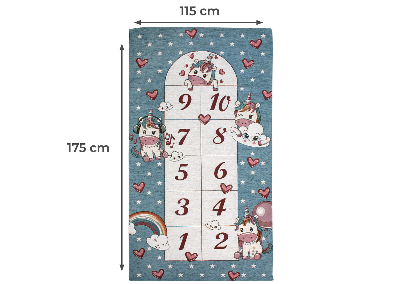Tappeto Arredo e Gioco Antiscivolo Per Cameretta Bambini Disegno Unicorni - 115x175 - Azzurro Topazio