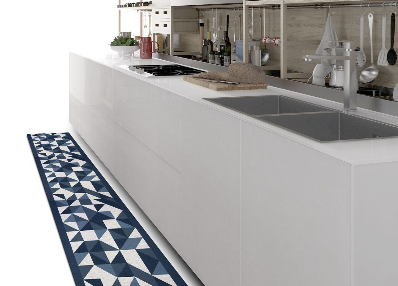 Tappeto Passatoia Cucina Antiscivolo Tessuto Jacquard Disegno Origami Blu - 57x115 - Blu