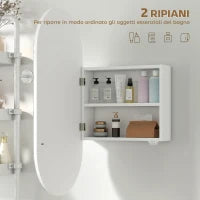 Specchio Bagno Ovale Moderno con Armadietto e Due Ripiani, 45x90 cm, Bianco