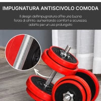 Set 2 in 1 Bilanciere e Manubri Pesi da 20kg, Dischi con Rivestimento in Plastica Antigraffio, Rosso e Nero