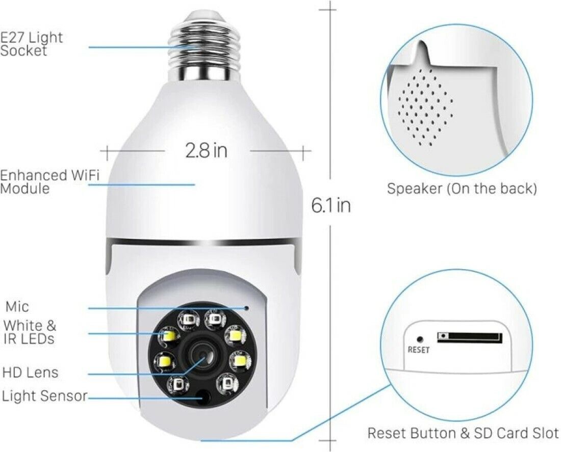 TELECAMERA E27 IP LAMPADINA DA INTERNO 360 GRADI WIRELESS WI-FI E27 PTZ