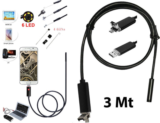 TELECAMERA ENDOSCOPICA 6 LED TUBO FLESSIBILE USB 3 MT IMPERMEABILE ISPEZIONE