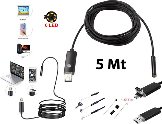 TELECAMERA ENDOSCOPICA 6 LED TUBO FLESSIBILE USB 5 MT IMPERMEABILE ISPEZIONE