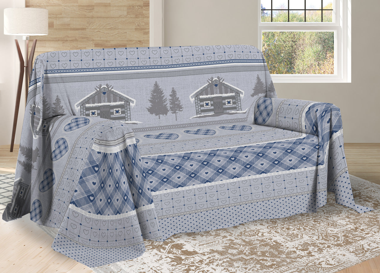 Telo Arredo Multiuso Linea Pensieri Delicati In Cotone Disegno Chalet - Matrimoniale - Blu