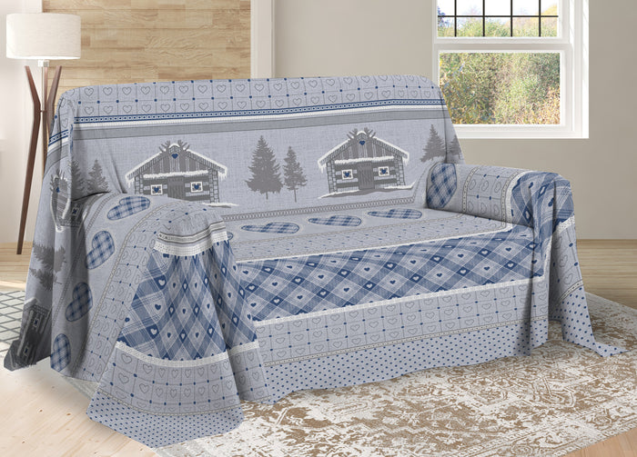 Telo Arredo Multiuso Linea Pensieri Delicati In Cotone Disegno Chalet - Matrimoniale - Blu