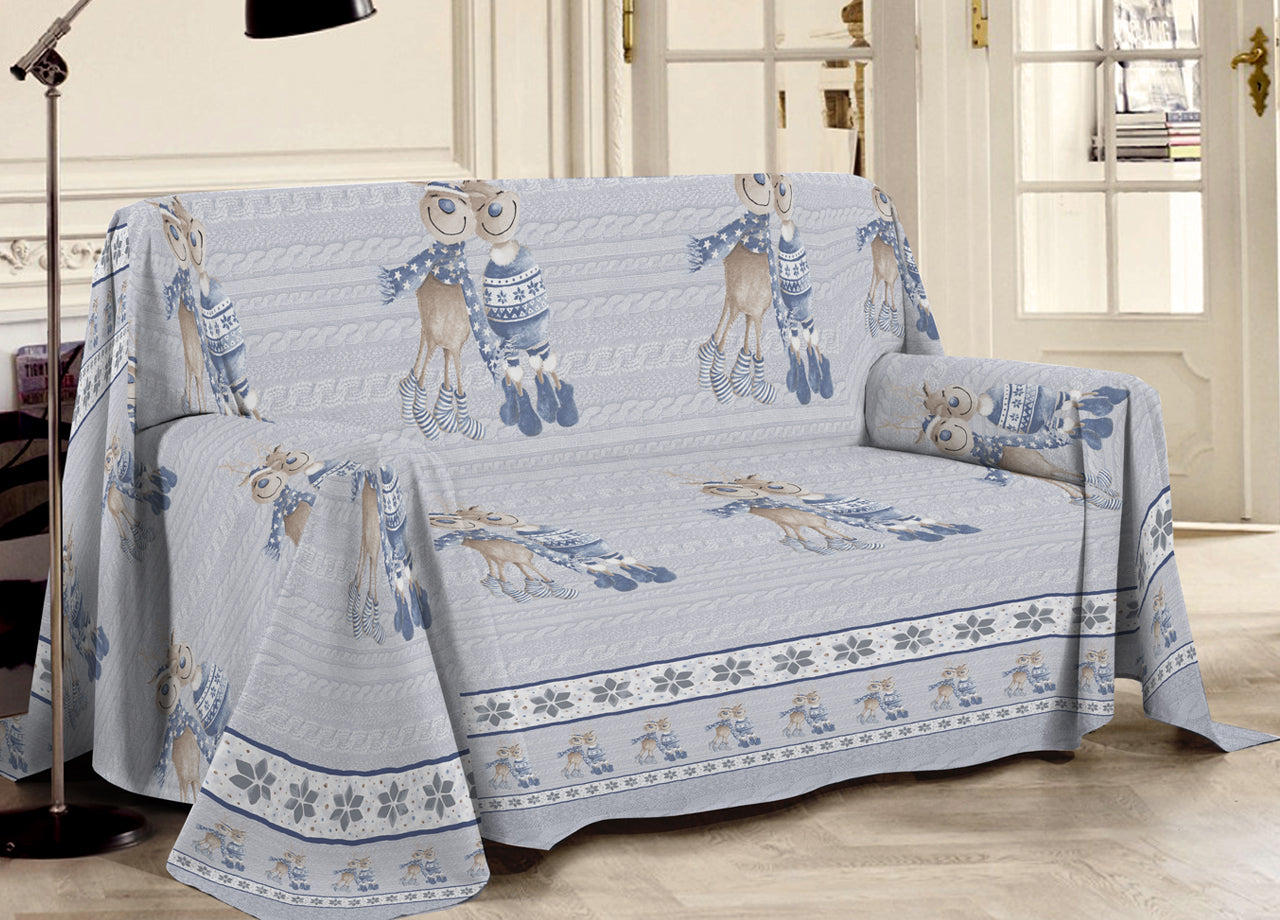Telo Arredo Multiuso Linea Pensieri Delicati In Cotone Disegno Renna Blu - Matrimoniale - Blu