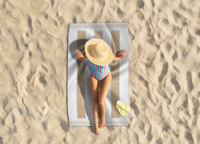 Telo Mare Jacquard Spugna Asciugamano Spiaggia Disegno Greca - Telo Mare - Beige