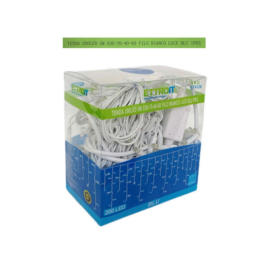 Luci Natalizie Tenda 200 LED  Filo Bianco Luce Blu Flash Bianco 5 Metri  X30-70-40-60 Esterno IP65