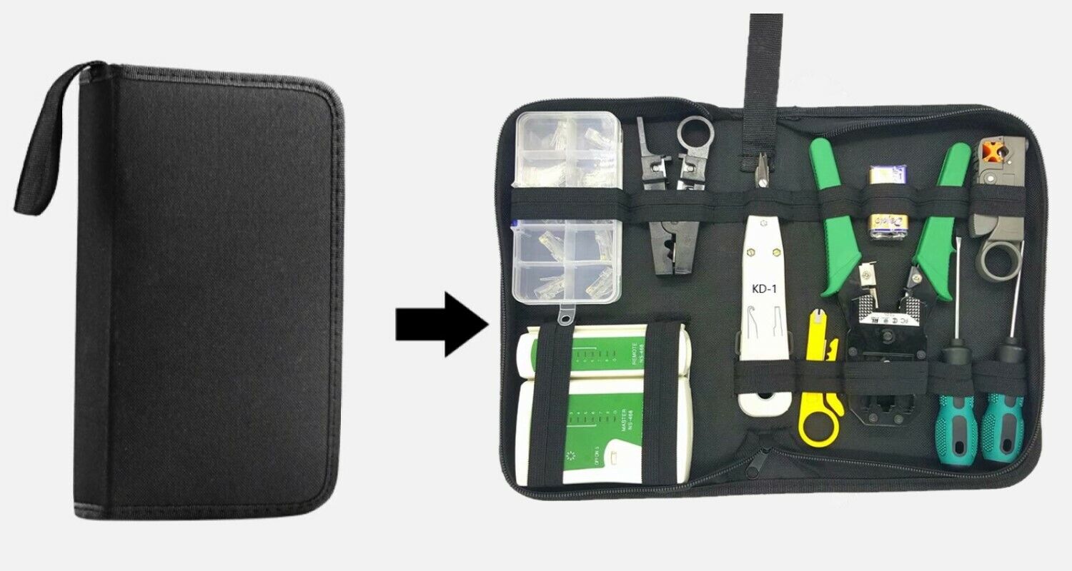 TESTER CAVO DI RETE LAN RJ45 RJ11 RJ12 + PINZA CRIMPATRICE + 10 PLUG ETHERNET