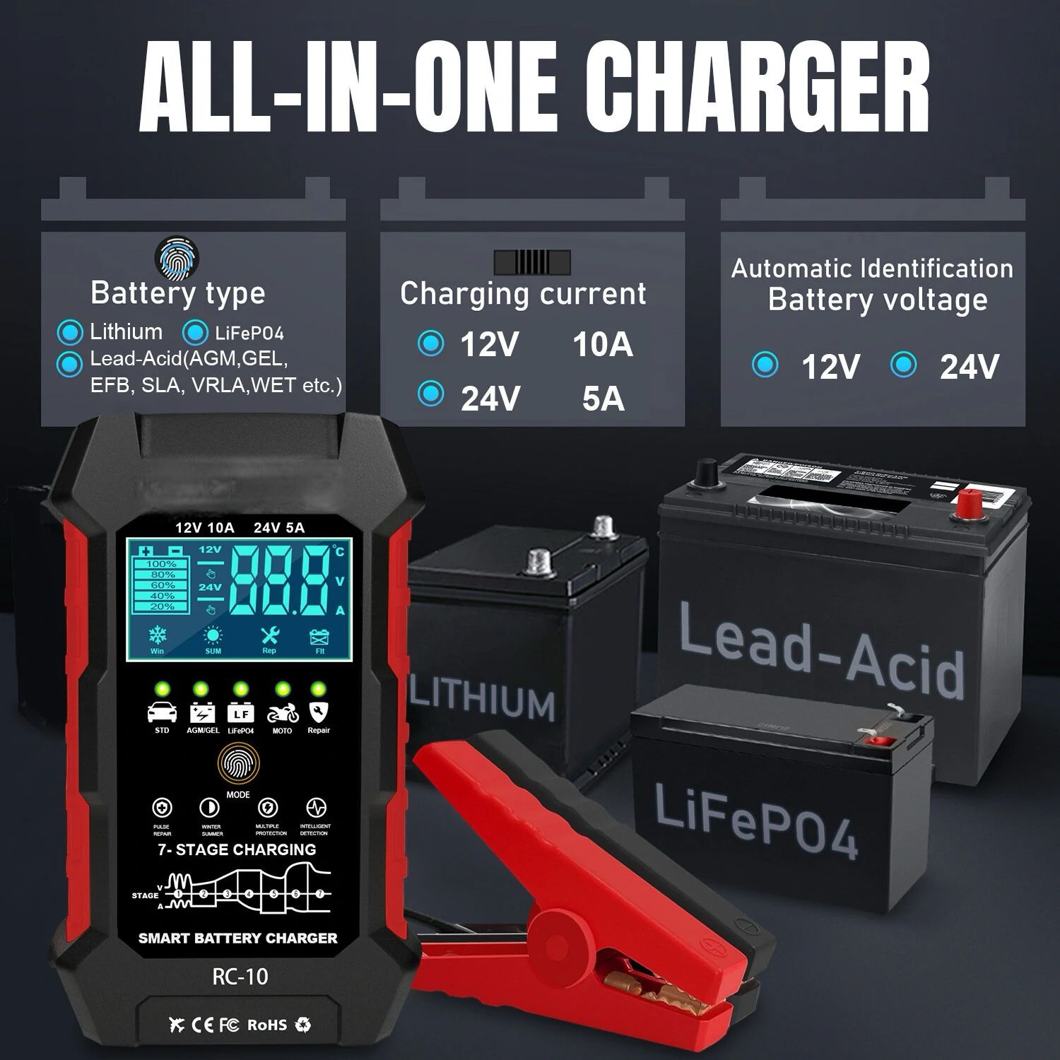 TESTER RICARICA BATTERIA AUTO MOTO 12V 10 A 24 V 5A.DW-RC10