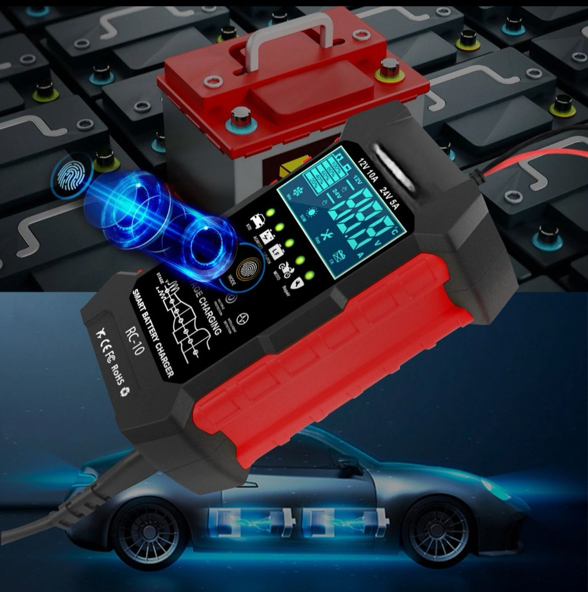 TESTER RICARICA BATTERIA AUTO MOTO 12V 10 A 24 V 5A.DW-RC10