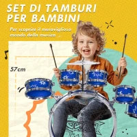Set Batteria per Bambini con Grancassa con Pedale, Tamburi, Piatto e Sgabello, Età 3-6 Anni, Blu