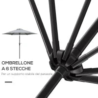 Ombrellone da Giardino Inclinabile 2.3x2m con Apertura a Manovella e 6 Stecche, Grigio