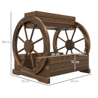 Fioriera in Legno da Esterno a 2 Livelli con 3 Vasi e Ruote di Carro Stile Country, 64x54x60cm