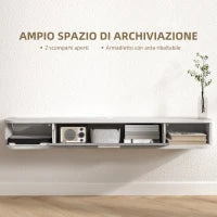 Mobile TV Sospeso in Legno con 2 Ripiani Aperti e Armadietto, 120x26x16 cm, Bianco e Grigio