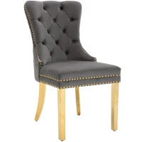 Set di 4 Sedie Grigio Imbottite in Velluto, Decorazioni in Rivetti e Anelli Rotondi, Gambe Dorate, 51x65,5x95 cm