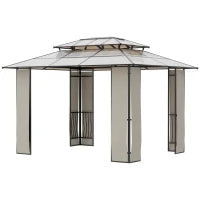 Gazebo da Giardino 3.7x3m con Tetto in Policarbonato a 2 Livelli, Acciaio e Alluminio, Marrone