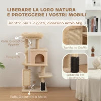 Albero per Gatti Multilivello Alto 132 cm con Casetta, Lettino, Pali Tiragraffi, Spazzola e Pallina, Beige