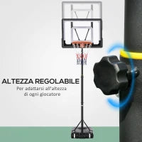 Canestro Basket Altezza Regolabile 160-210cm, Struttura in Acciaio e Base con Ruote, Tabellone in PE Trasparente