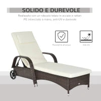 Lettino Prendisole da Giardino con Ruote, Sedia a Sdraio per Spiaggia con Altezza Regolabile in Rattan, Marrone e Crema, 200x73x103cm