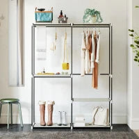 Armadio per Abiti Aperto con 4 Ripiani in Tessuto, 3 Barre per Appendere e Struttura in Metallo 142x43x185 cm Crema